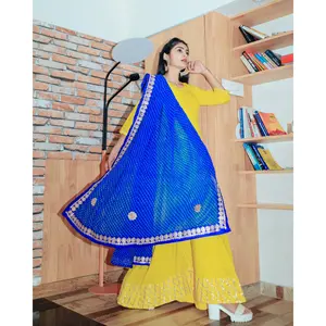 Vestido de Fiesta Largo con Lentejuelas Amarillo Brillante, Dupatta Lehariya, Vestido de Gala con Detalles Decorativos de Rayón en Varios Tamaños - Product Image 3