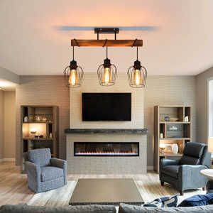 โคมไฟเพดานไม้สไตล์วินเทจ 3 หลอด สำหรับห้องนั่งเล่น ขั้วหลอด E27 ปรับความสูงได้ โคมไฟสปอตไลท์โลหะสีดำ ติดตั้งแบบแขวน - Product Image 1