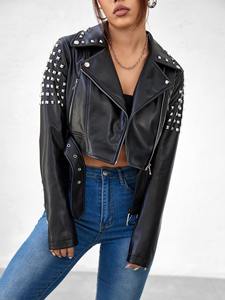 Veste en cuir PU matelassée et tissée, effet peau de mouton, avec rivets, pour femme, coupe-vent et respirante, collection automne 2024, personnalisable pour l'extérieur - Product Image 3