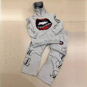<b>White</b> Flame Print 100% Cotton Drawstring Tracksuit Pullover Hoodie <b>Jogger</b> Pants Two Piece Streetwear Set Custom Logo Winter Wear - Product Image 5