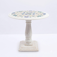 Table basse en marbre blanc avec incrustation florale, table d'appoint ronde sur piétement, centre de table en marqueterie artistique pour salon