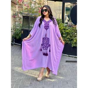 Newest Beautiful Purple Color Chic Embroidered Loose Fit 100% <b>Rayon</b> 3/4 Sleeve Kaftan V- Neck Ankle Length Boho Kaftan <b>Dress</b> - Product Image 1