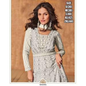 Rayonne de soie ethnique indienne Anarkali robe noire et blanche lourde brodée Dupatta manches longues évasées mariages vêtements de fête - Product Image 3