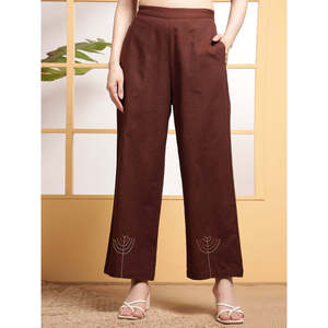 Deebaco Women's Brown <b>Linen</b> Cotton Sleeveless <b>Top</b> With Embroidered Pants Co-Ord Set Casual Spring Summer Loose Fit Two Piece Set - Product Image 3