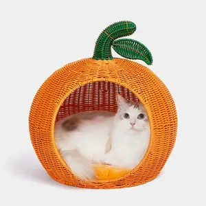 Lovely orange shaped wicker handcrafted house for cats pet furniture rattan cat nest indoor sleeping bed basket