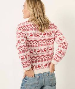 Suéter Navideño de Punto Fair Isle con Diseño de Reno Rojo de FNJIA <span class=keywords><strong>Renee</strong></span>, Jersey de Cuello Redondo con Copos de Nieve Blancos y Rojos, Regalo Navideño - Product Image 2
