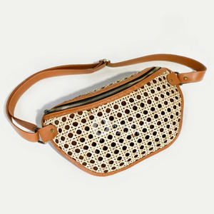 Nusantara fait à la main Willie rotin poignet sac toile doublé tissé bandoulière fourre-tout fermeture éclair plage dame plage fermeture éclair sac sangle doublure - Product Image 5