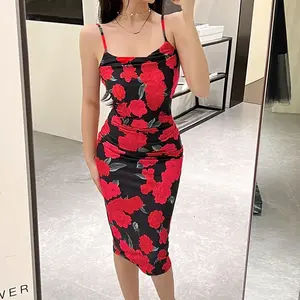 Robe longue moulante en satin à imprimé floral sexy pour femme, collection 2022, idéale pour les soirées - Product Image 3