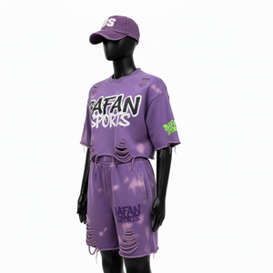 Conjunto de Camiseta y Pantalones Cortos de Algodón Premium para Mujer, Felpa Suave y Transpirable, Lavado Ácido Morado, Estampado, 100% Algodón - Product Image 4