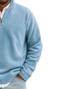 Suéter de Invierno para Hombre, Cuello Alto con Media Cremallera, Color Azul Cielo, Tejido Acanalado, Suave, Cálido, Elegante, Informal, Grueso, Cómodo y Acogedor - Product Image 3
