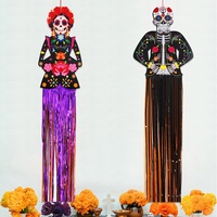 Décorations suspendues pour le Jour des Morts, 2 pièces, couple de squelettes tête de mort en sucre avec pompon, pour la fête du Día de los Muertos, décoration murale et de porte