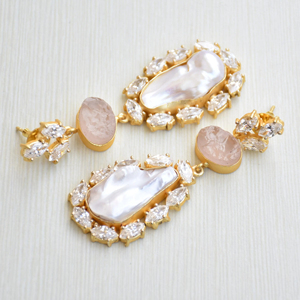 Premium Brass <b>Cluster</b> Earrings Gold Plated Zircon Raw Natural Stone Design High Polish Gold Plated Nickel Free Durable - Product Image 5