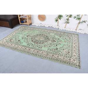 Tapis turc vintage, écologique, poil moyen, grande surface, 5,2 x 8,2 pieds, design classique vert beige patchwork, fait main, laine, latex - Product Image 2