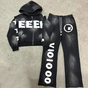 Vintage Acid Wash Flare Sweatpants <b>Hoodie</b> Set Embroidered Zipper Tracksuit Casual Fleece Sweat Suits Printed Logo <b>Maternity</b> Men - Product Image 2