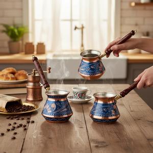 Three-Piece Copper Enamelled Square Coffee Pot Set for Tea and <b>Drinkware</b> Composed of Glass Ceramic <b>Plastic</b> Metal - Product Image 5