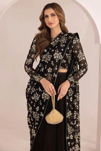 Heavy Faux Georgette Women's Designer Saree Suit Black Stylish Pleats <b>Rhinestone</b> Embroidery Handmade Pakistani Salwar Kameez - Product Image 4