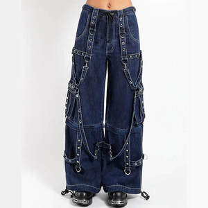 Pantalon cargo gothique pour femme avec bretelles, pantalon en jean punk emo avec chaînes, 2026 - Product Image 1