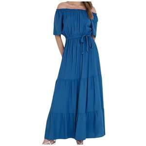 เดรสแม็กซี่เปิดไหล่สำหรับผู้หญิง, เดรสยาวสีน้ำเงินไม่มีสายคาด100% ผ้าเรยอนชุดเดรสแมกซี่ยาวถึงพื้นชายหาด - Product Image 4