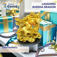 Statue Feng Shui Bouddha rieur avec dragon sur des pièces de monnaie pour la richesse, le succès et la prospérité
