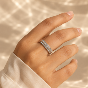 18K <b>Gold</b> Plated Stainless Steel Double Row White CZ Band <b>Ring</b> - Product Image 2