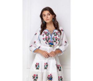 Robe courte à manches longues et col en v pour femme, vêtement en coton, longueur aux genoux - Product Image 5