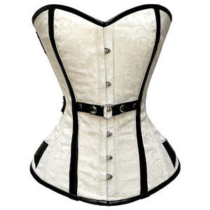 Corset gothique respirant et écologique grande taille, avec armatures en acier réglables, haut en brocart blanc, garniture en PVC noir, maintien ferme - Product Image 4