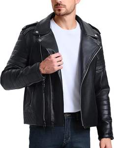 Vestes en cuir pour hommes, veste bomber en simili cuir pour hommes, col à revers asymétrique, fermeture éclair, coupe ajustée, veste de motard - Product Image 2