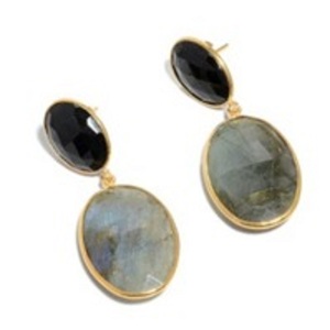 Pendientes de labradorita y Gema de ónix negra, Plata de Ley 925, forma ovalada, novedad - Product Image 1