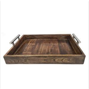 Bandeja grande de madera de mango ecológica con mango cromado metálico moderno para servir y organizar hogares - Product Image 1
