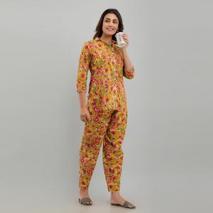 Traje de noche con estampado floral y Leopardo de algodón mostaza para mujer con cintura elástica y cierre de botón transpirable ODM Supply (SHKY1002) - Product Image 6