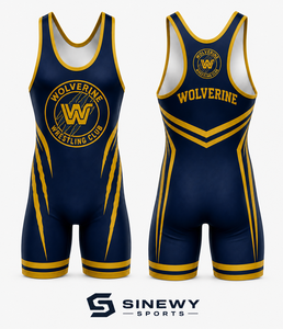 SINGLET DE LUTTEUR PERSONNALISÉ POUR HOMME SINEWY, TISSU EXTENSIBLE Ajusté, IMPRESSION AVANT LOGO BLEU ET DORÉ, VÊTEMENTS DE SPORT - Product Image 2