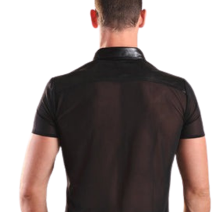 Mens Nylon <b>Trim</b> Leather Shirt Black Short Sleeve Faux Leather Fetish Button Front Club Top - Product Image 6