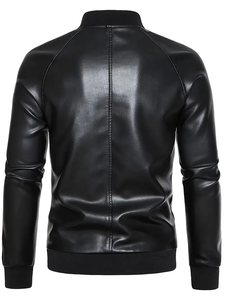 Veste en cuir PU noir élégante pour homme - Col baseball décontracté, fermeture éclair avec poches, coupe ample pour homme - Product Image 2