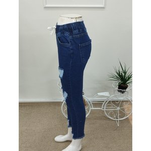 Kadin Yuksek Bel Beli Bagcikli onden Yirtik Desenli Kot Pantolon , 37731 - Lacivert - Product Image 6