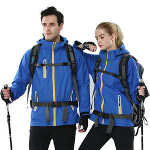 Veste imperméable à capuche fine en softshell bleu foncé unisexe, taille XL, accents de fermeture éclair jaunes, plusieurs poches, capuche réglable, moderne - Product Image 5