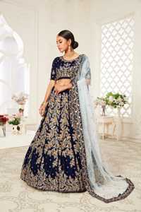Bleu marine royal brodé mariée Lehenga Bollywood mariage pakistanais fabriqués à la main luxe lourd vêtements de fête concepteur Dupatta - Product Image 3