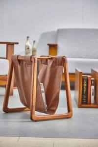 Stylish Modern <b>Teak</b> Wood Magazine Rack Frame-Shaped Design Leather Living Room Furniture <b>Bookcase</b> - Product Image 3