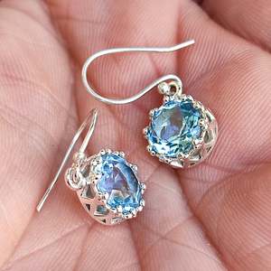 Handmade 925 Sterling <b>Silver</b> <b>Dangle</b> <b>Earrings</b> with Blue Topaz Natural Gemstone Jewelry December Birthstone Gift - Product Image 5
