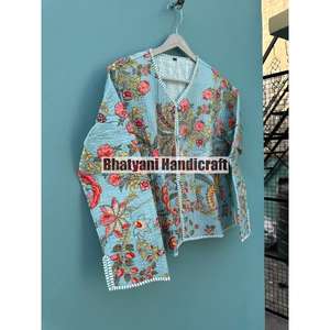 Indian Cotton Handmade Quilted Turquoise Floral <b>Short</b> Coat Unisex Jarkin Boho Reversible <b>Jacket</b> Full <b>Sleeves</b> Breathable Warm - Product Image 4
