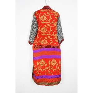 Robe kimono pour femme en soie pure à 100%, élégante, respirante, longueur totale, fermeture à cordon, avec tissu sari indien - Product Image 5