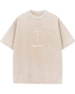 T-shirt en coton lavé surdimensionné personnalisé par le fabricant, beige, imprimé croix religieuse, streetwear pour hommes, look vintage, tee-shirt décontracté - Product Image 1