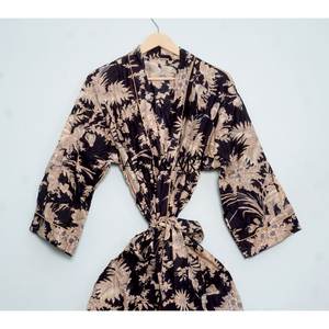 Peignoir Kimono 100% Coton Imprimé à la Main Style Indien, Robe de Nuit, Peignoir de Bain, Peignoir d'Été à Séchage Rapide avec Logo Frontal - Product Image 3