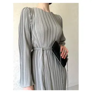 Vestido maxi feminino de manga longa com gola redonda, saia de um passo, elegante, plissado e de manga sino