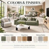 Ensemble de meubles modernes vert sauge sur mesure pour toute la maison : canapé de salon, table à manger ronde, chaises et lit rembourré