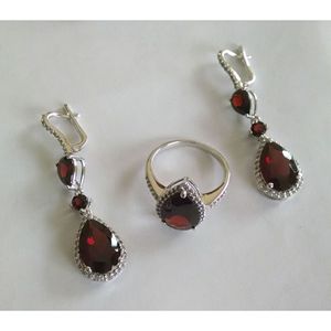 925 Sterling Silver Shah Gems Women's Set Natural <b>Garnet</b> White Topaz Pear Cut Crystal Quartz Gold Plated for Weddings Parties - Product Image 1