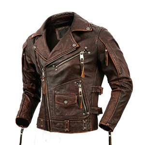 Veste de moto en cuir naturel pour hommes Veste de motard en cuir de vachette couche supérieure Veste de moto rétro en cuir blanchi à la pierre Veste en cuir de grande taille - Product Image 6