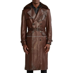 <b>Men's</b> Leather Trench Coat <b>Double</b> <b>Breasted</b> Long <b>Overcoat</b> with Belt Customizable Color Button Decoration Cowhide Breathable & Warm - Product Image 5