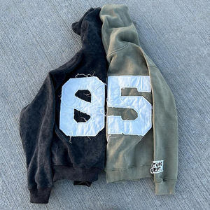 Hombres 100% algodón Zip-up bordado apliques carta de punto de lana de invierno de manga larga en relieve Puff lavado personalizado Sudadera con capucha - Product Image 1