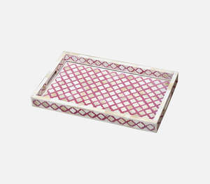Handmade Luxury Pink And White Bone Inlay <b>Tray</b> With Intricate Geometric Trellis Pattern Premium Decorative Rectangular Serving - Product Image 1