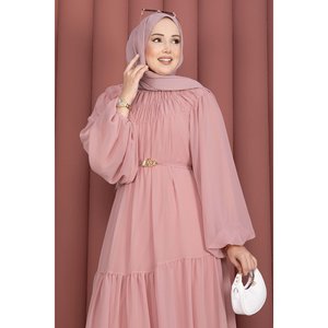 Vestido de Gasa Rosa Palo con Cinturón con Detalle Fruncido, Corte Imperio y Silueta en A Discreta - Product Image 2